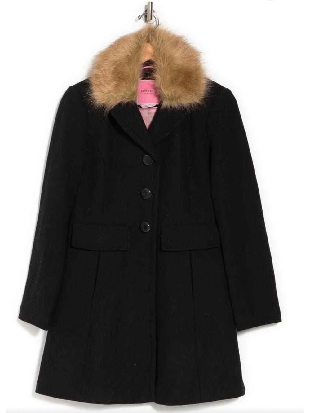 Kate Spade Black Wool Peacoat with Tan Faux Fur Collar